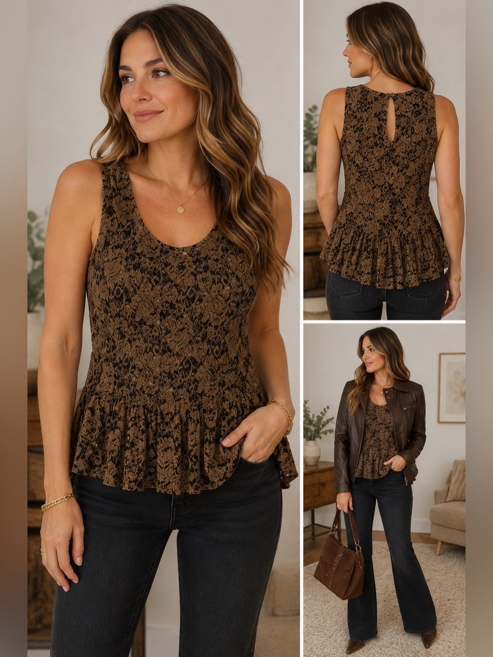 Free People Brown & Tan Floral Lace Sleeveless Flare Top